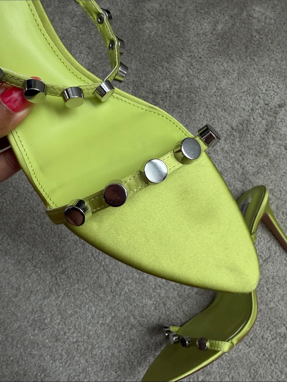 Steve Madden Dorina Satin Studded Heels Citron Neon Lime Green Size 9.5 - Picture 3 of 6